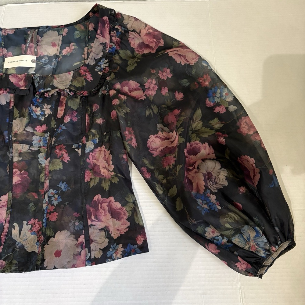 NWT Anthropologie Black Floral Corset Blouse Size M Sheer Puff Sleeve Ruffle Top - Picture 6 of 16